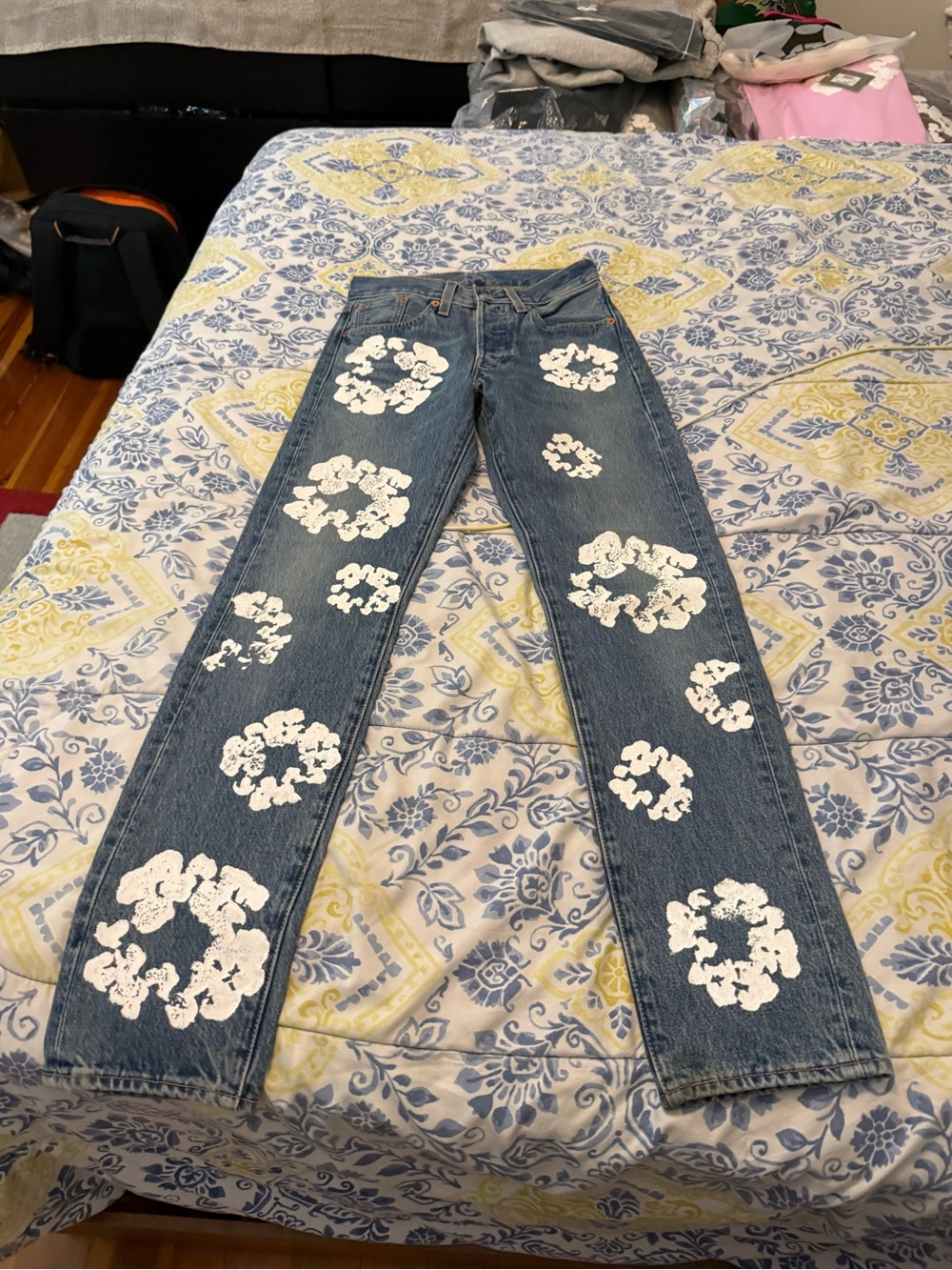 Denim Tears Levi’s Straight Leg Blue Jeans with White Floral Appliqué